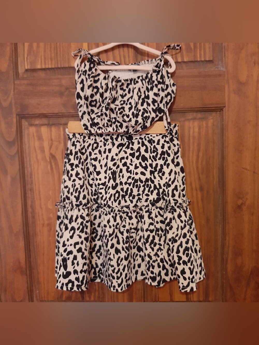 Animal Print Three Piece Crop Tops & Skirt Set - Black on Cream S